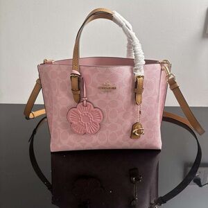 Coach Pink Signature Tote Bag with Tea Rose Charm & Crossbody Strap